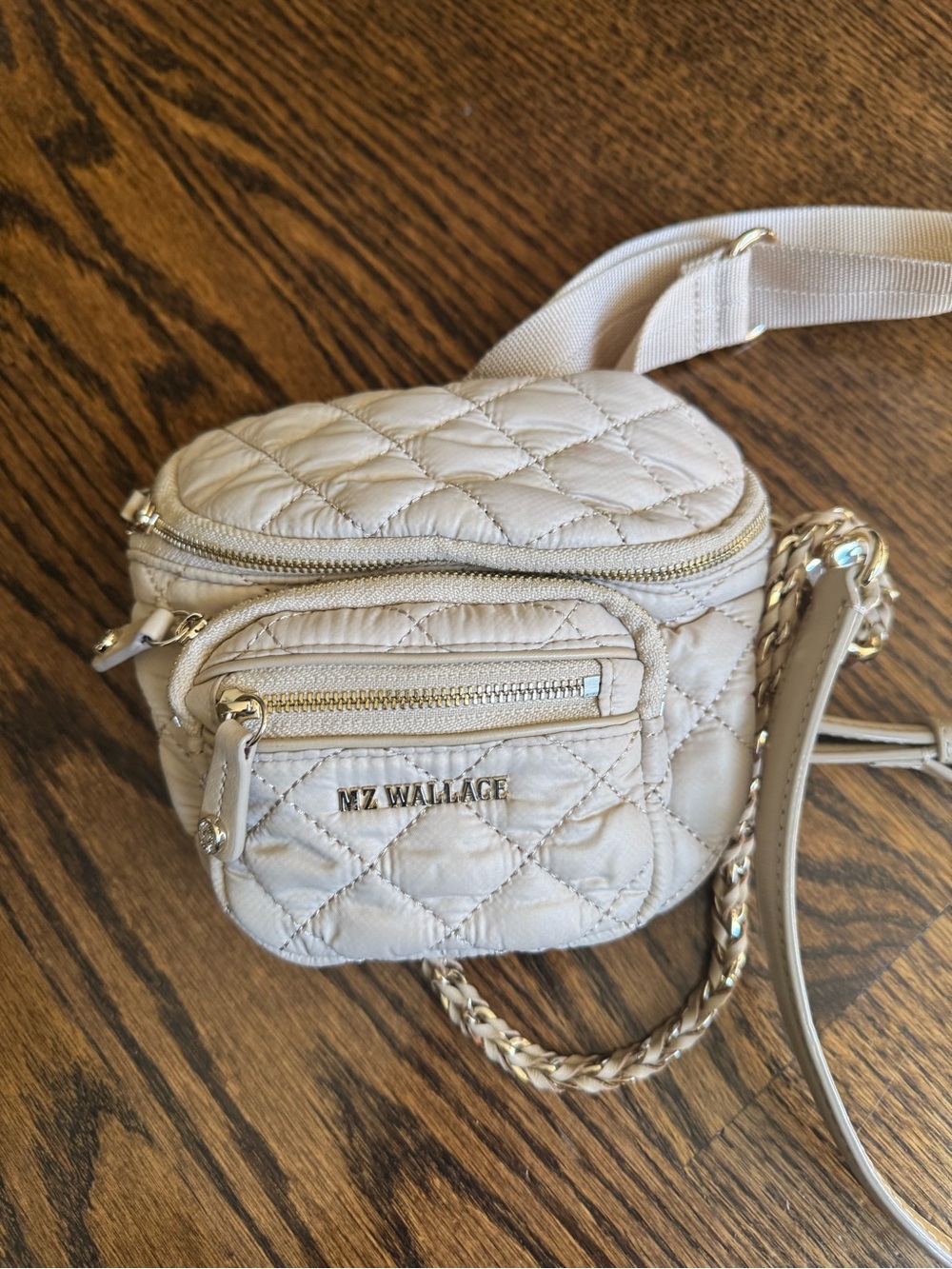 MZ Wallace Quilted Cream Crossbody Pouch with Chain-Trim Strap- Micro Crosby